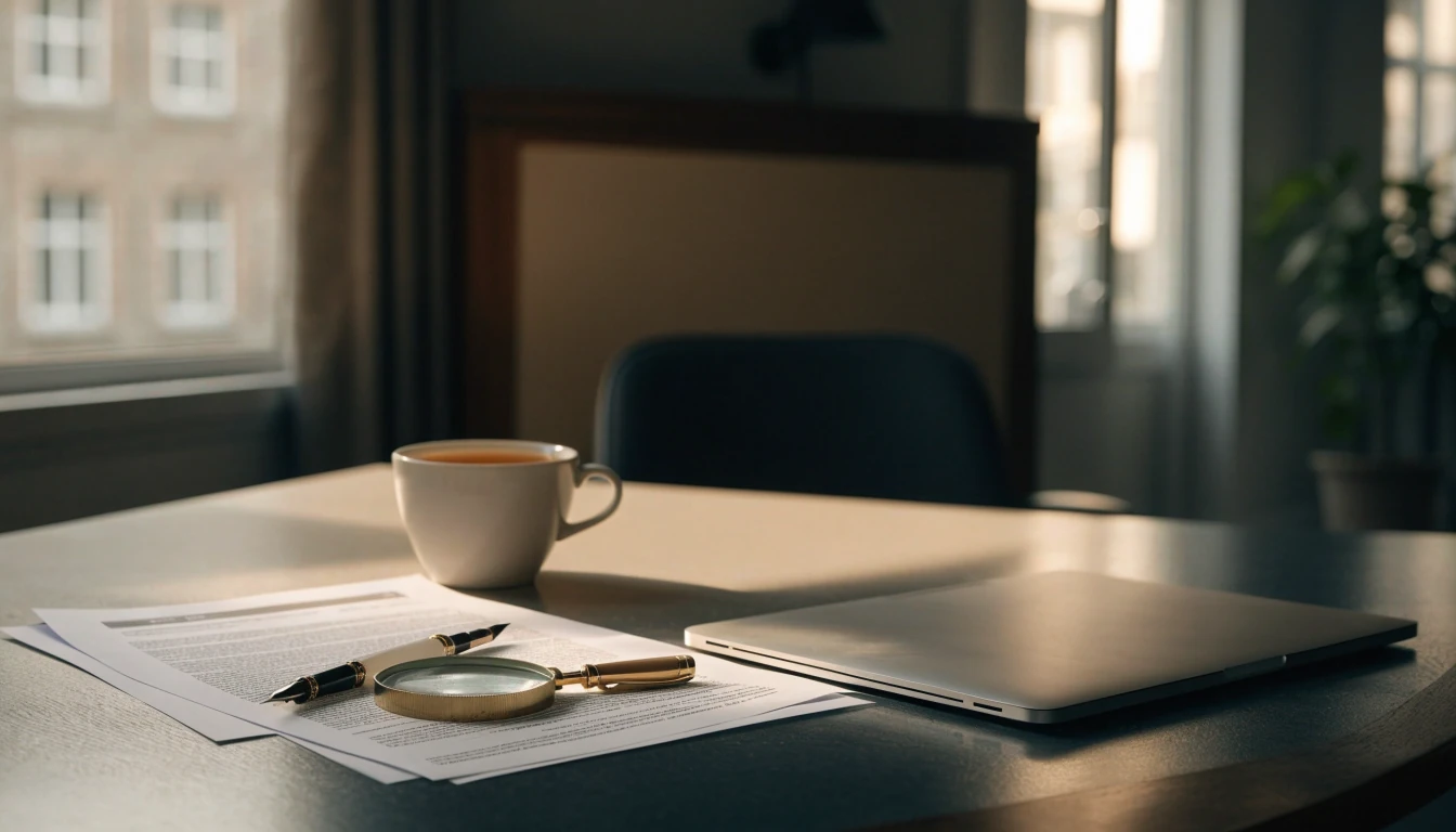 British editorial desk with closed laptop, licence documents, magnifying glass and tea