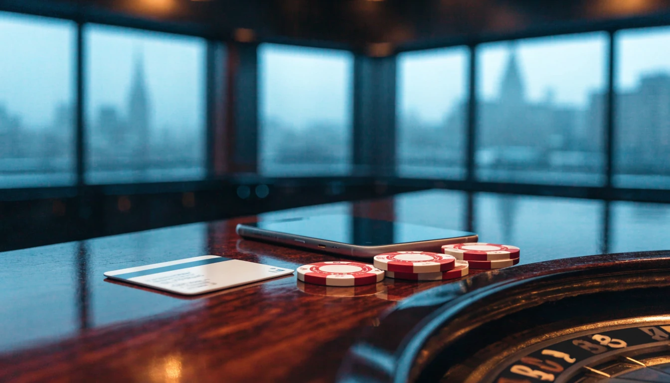 Debit card, hidden smartphone, casino chips and roulette edge by a London window