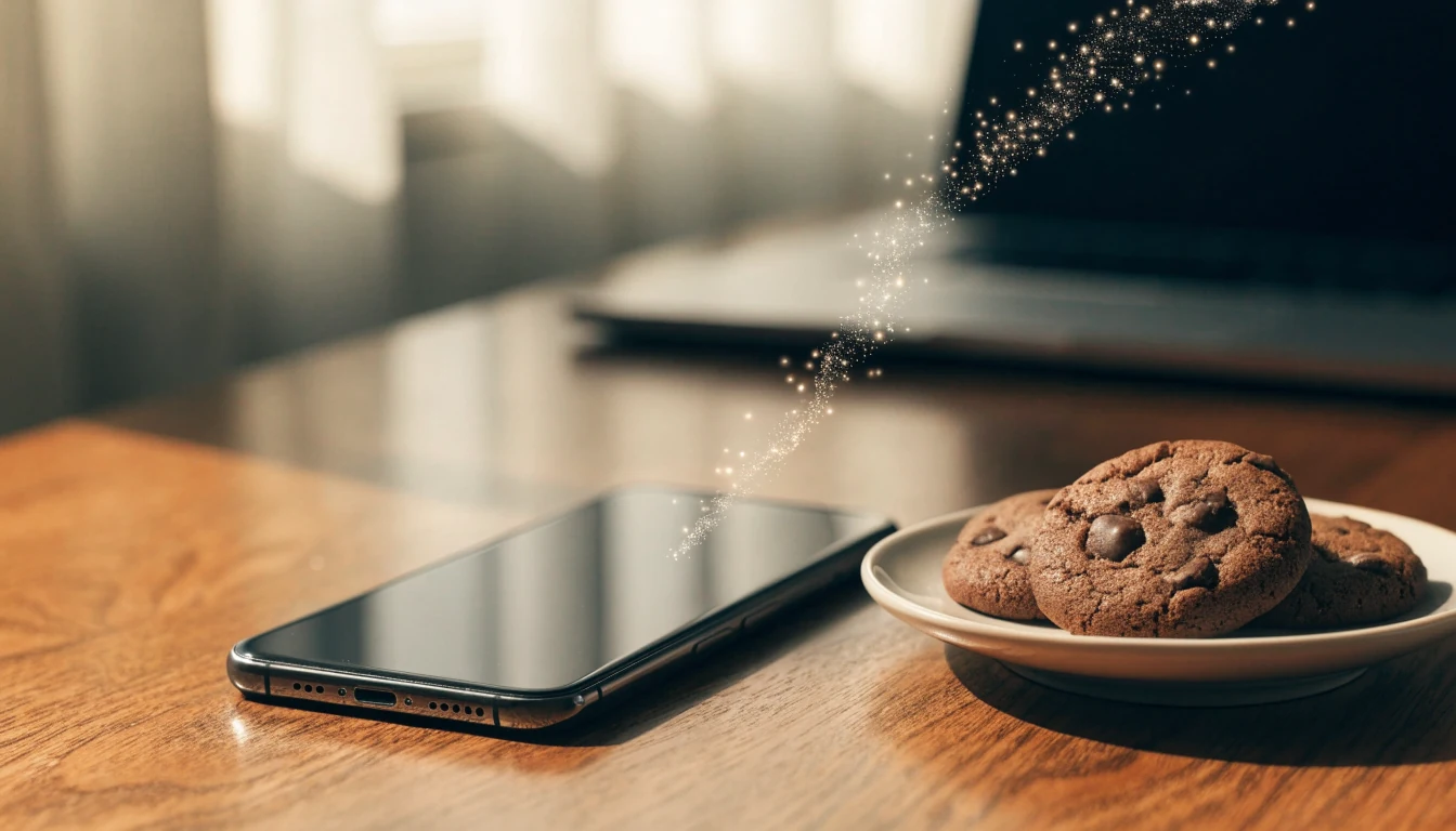 Smartphone, laptop, and cookies illustrating website cookie tracking