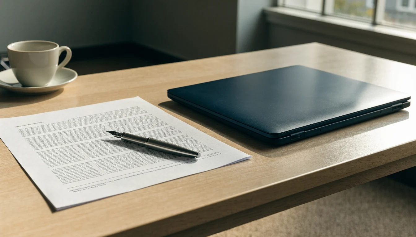 Closed laptop and legal document on a calm professional UK desk