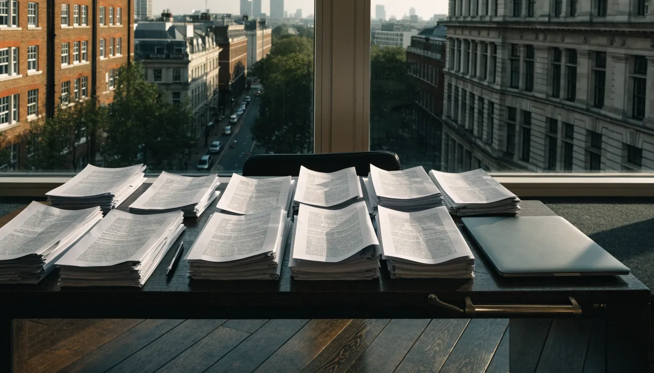 British publishing desk with closed laptop and legal documents