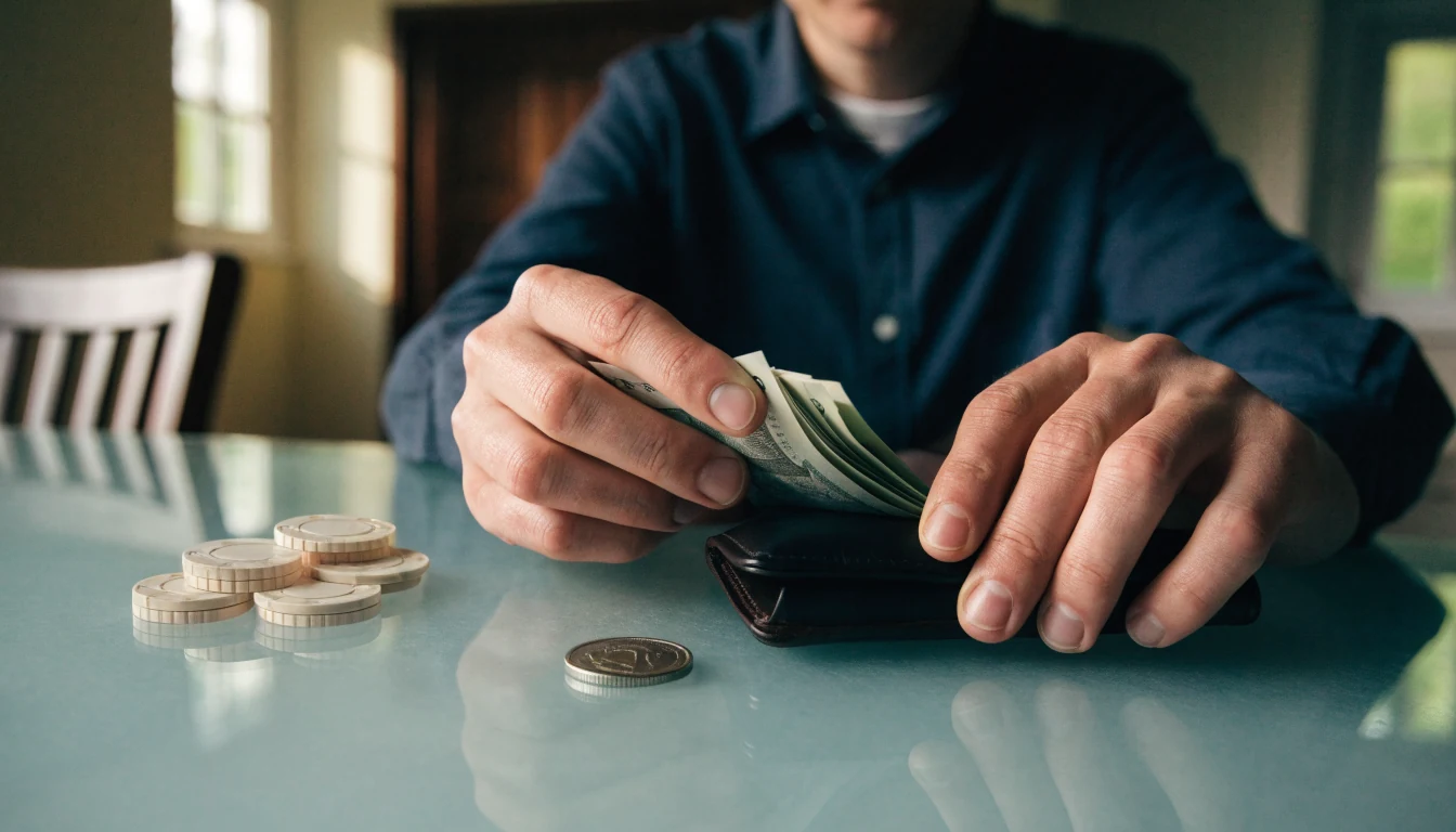Adult budgeting disposable cash before leaving it in a wallet