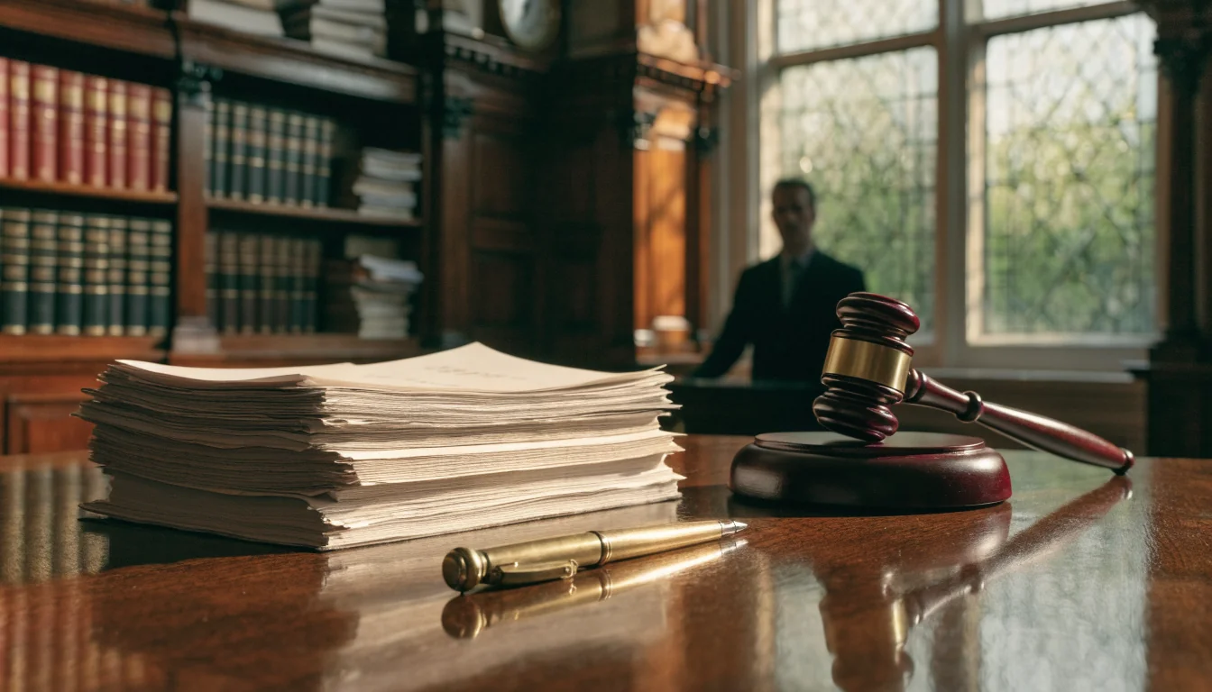 Legal documents, brass pen, and wooden gavel on a mahogany desk in a traditional British office